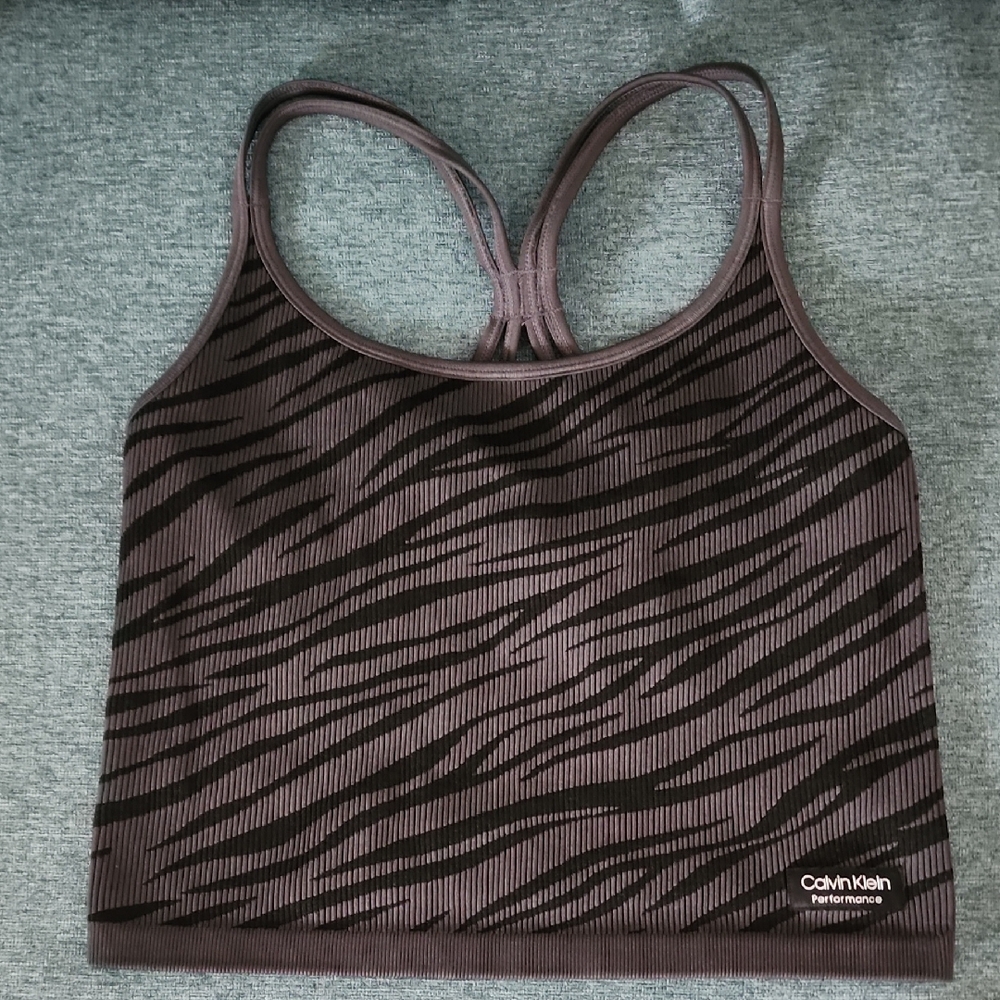 Calvin Klein Ribbed Zebra-Print Sports Bra Tank in Brown and Black